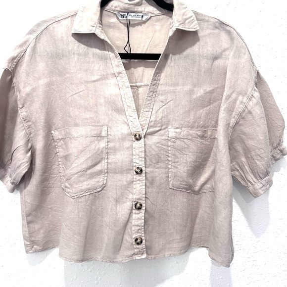 Zara Tan Puff Sleeve Notched Collar Top M - Picture 3 of 8